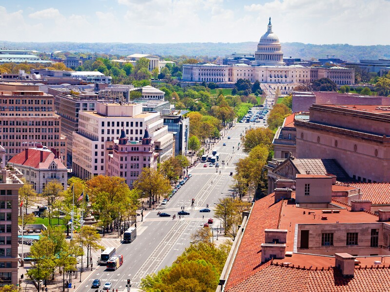 Panorama from above of Pennsylvania Avenue and United States Capitol Building towards USA Congress on National Mall in Washington, D.C.