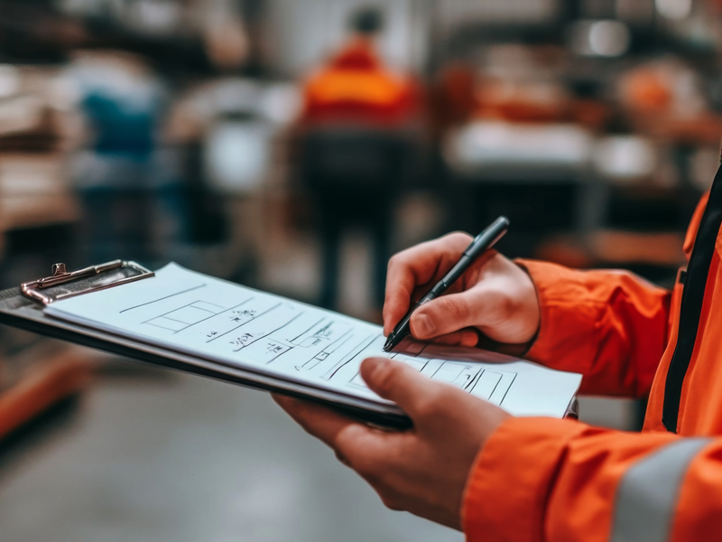 A man wearing a highlighter-orange jacket writes on a clipboard.