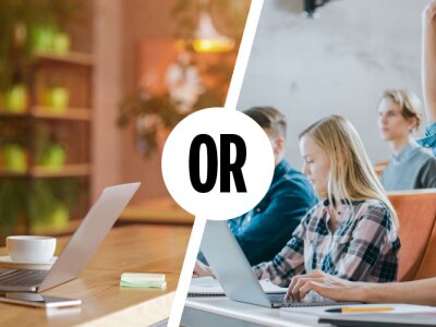 Split image of young female learning online or male student raising hand in lecture hall.