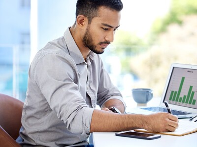 Split image with an investment manager on the left and an accountant on the right