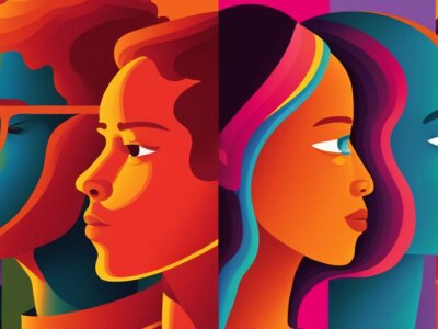 Illustration of a diverse group of people on colorful background.