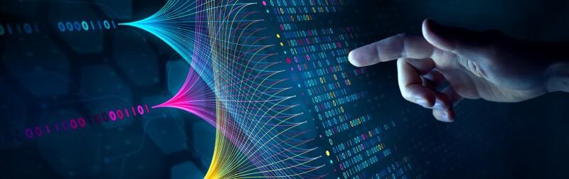 Concept of a human hand connecting with AI and machine learning.