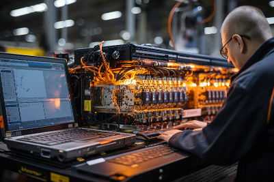 Engineer working in a lab with a laptop