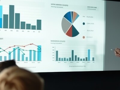 people in a room looking at data on a digital whiteboard