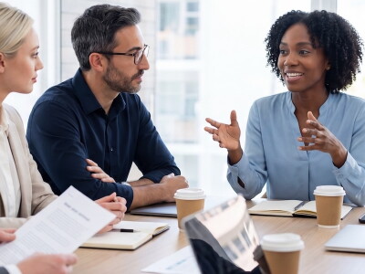 Businesswoman leads a discussion with colleagues in a conference room with large windows