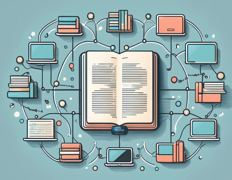 A book surrounded by and connected to other books and computers