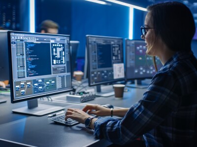 Female programmer working on computer with code on screen