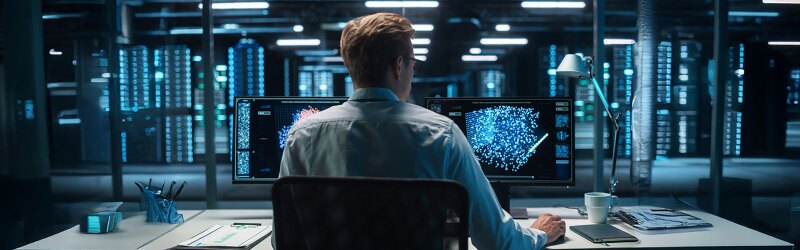 cybersecurity analyst sitting at a desk monitoring two screens