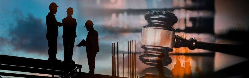 On the left side of the image, three construction workers silhouetted against a blue sky talk through a set of plans. On the right side of the image, a gavel is hitting a table.
