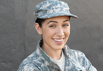 Smiling young woman in camoflauge uniform