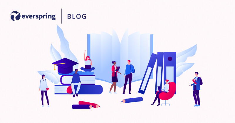 Vector flat person illustration. Group of multicultural young adult. School equipment. Book, laptop, pen, cap. Design for banner, web, infographic.