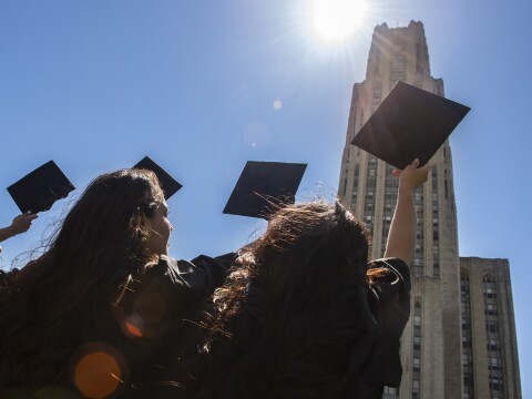 graduates raising their caps to the sky