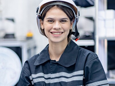 Female mechanical engineer with robotic welder