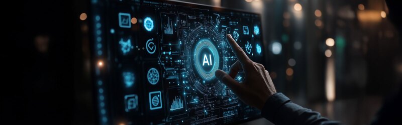 A hand touches a glowing "AI" button at the center of a futuristic digital interface with various icons.