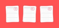 Three graphical papers with A, A-, and A+ against red background.