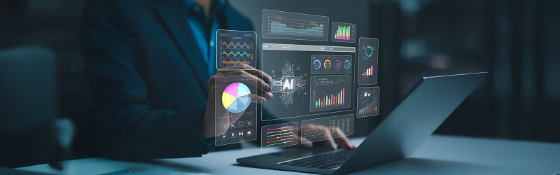 A businessman analyzes enterprise data management by AI artificial intelligence technology with a business analytics dashboard.