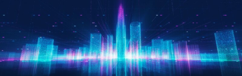 Digital skyline with a binary code particles network.