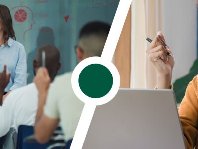 Left: Image of students attending a college lecture in classroom, Right: Young female taking an online course.
