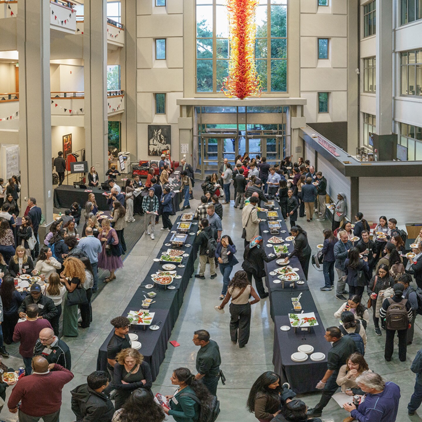 Overhead view of a large Seattle University networking event.