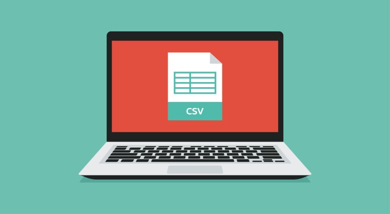 A CSV file displayed on a laptop