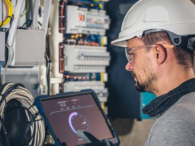 An engineer working on an electrical system.