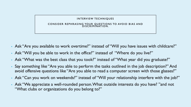 PowerPoint slide titled "Interview Techniques: Consider Rephrasing Your Questions to Avoid Bias and Discrimination."
