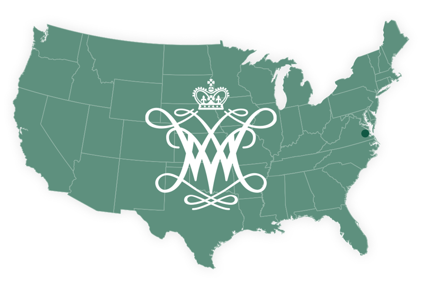 Map of the U.S. with the William & Mary logo overlaying it