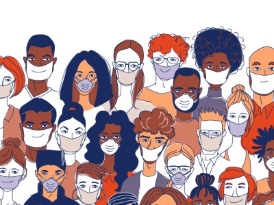 graphic drawing of crowd of people in masks warm toned colors