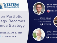 Webinar flyer: “When Portfolio Strategy Becomes Revenue Strategy,” Apr 1, 2026, 2:15–3:00 PM PT, featuring Toby McChesney, Gavin Khan, Scott Jeffe.