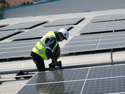 Two men in safety gear working on a field of solar panels
