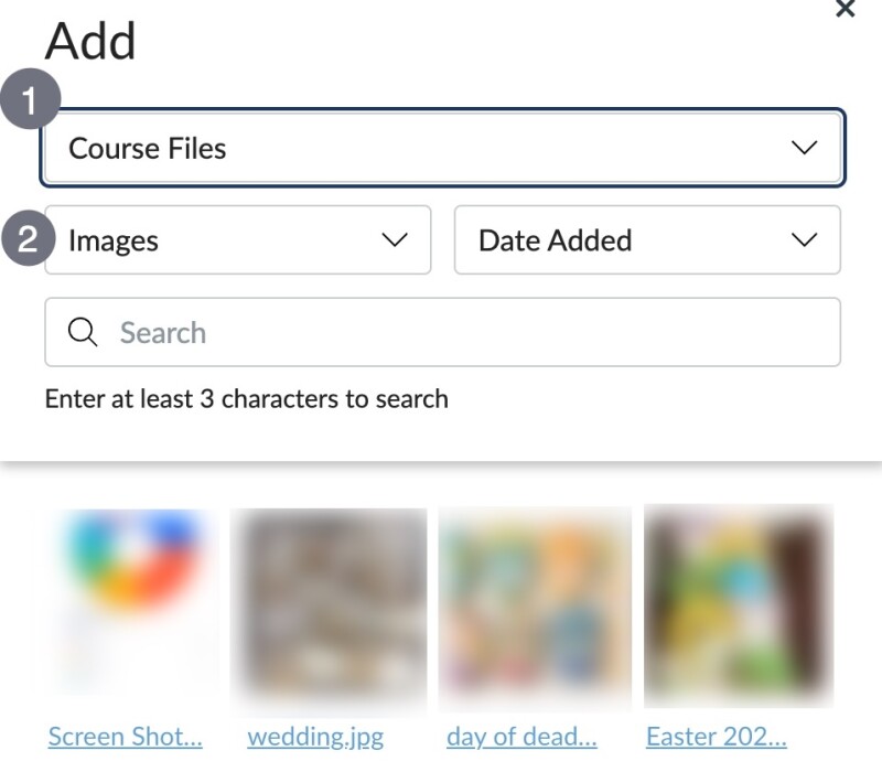Annotated screenshot of the process for adding images to Canvas