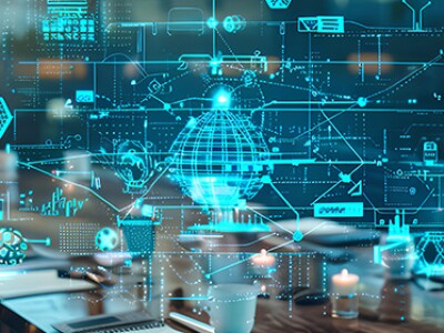 AI graphics hover above a conference room table