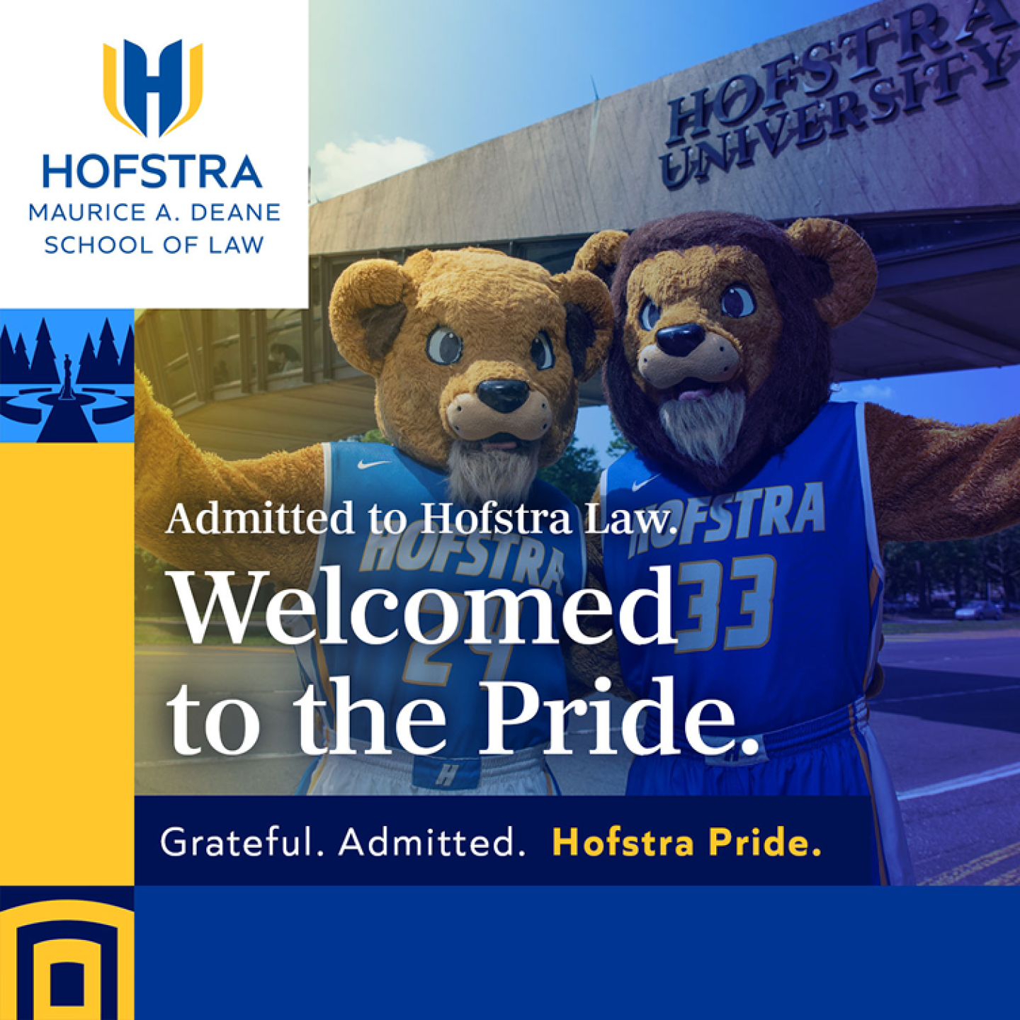 Admitted to Hofstra Law. Welcomed to the Pride. Grateful. Admitted. Hofstra Pride.