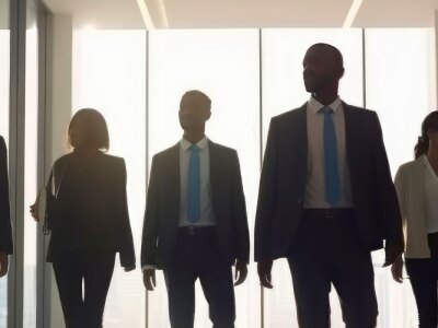 A group of business people walking side by side together in office with tall large windows.