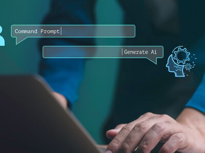 Businessman using command prompt in a large language model-based chatbot