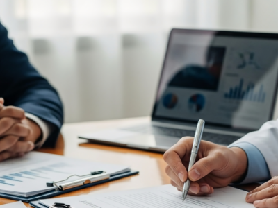 A doctor in a white coat and male professional in a suit reviewing legal documents