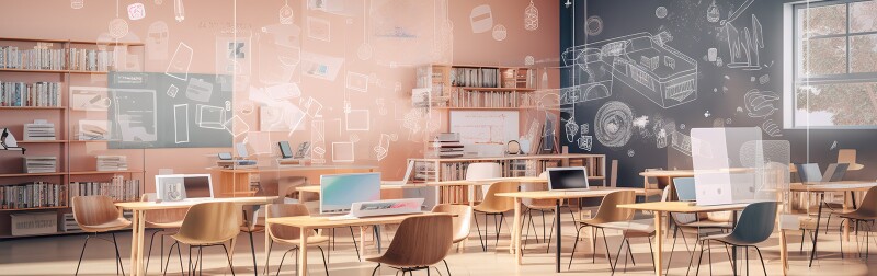 classroom with overlay images of chalk drawings