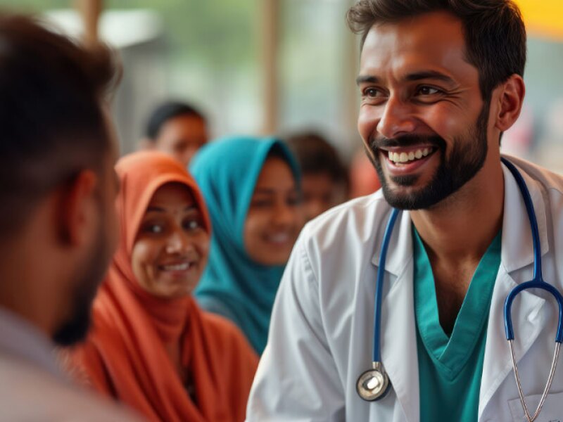 Indian doctor offers vital healthcare services at free rural village health camp.