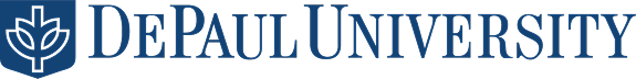 DePaul University logo in blue with a shield and stylized leaf emblem to the left of the university name.