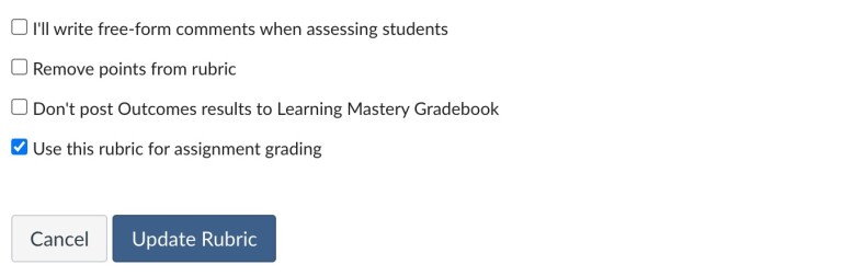 Screenshot of the "Use this rubric for assignment grading" checkbox option in the rubric settings