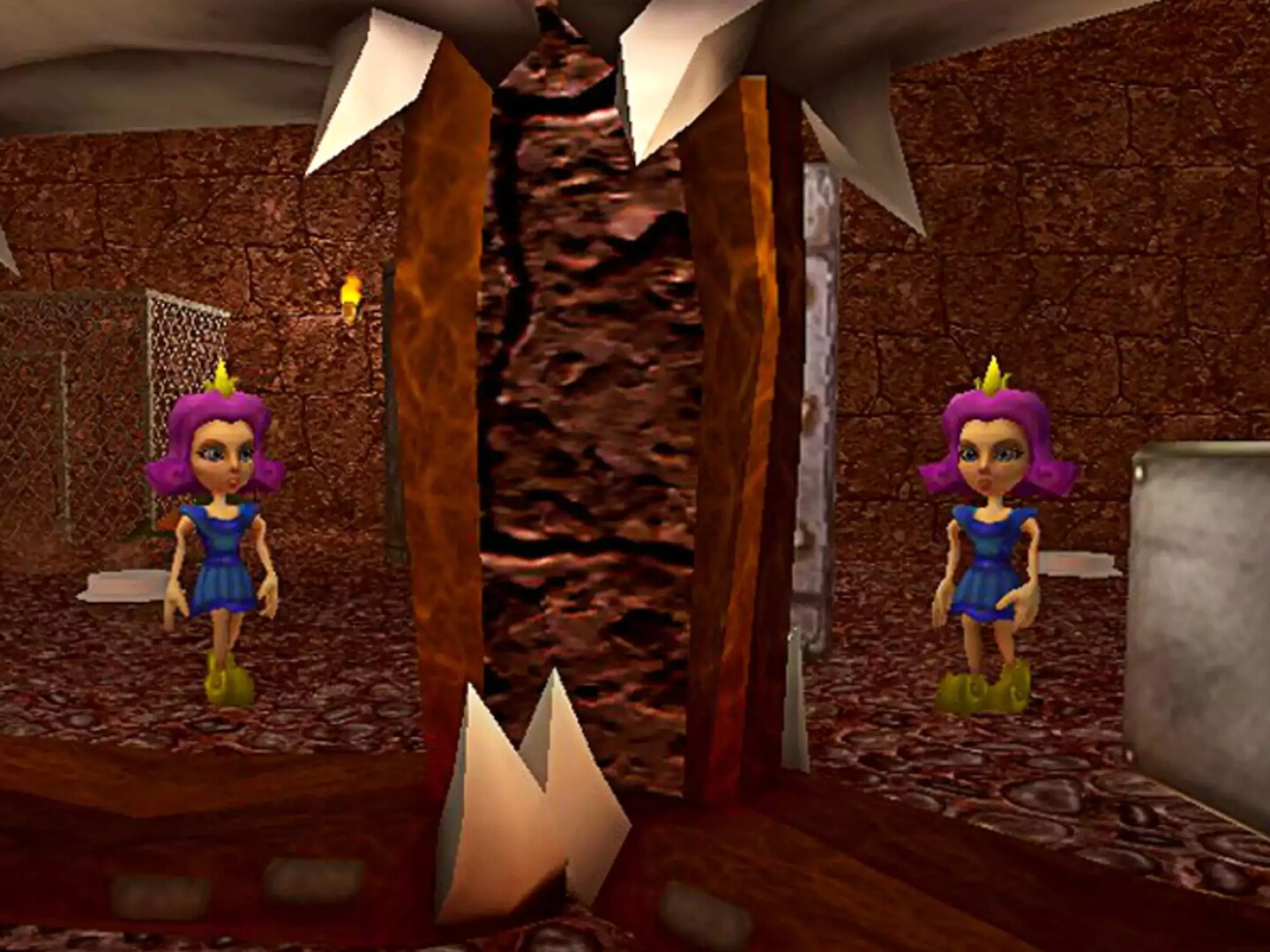 Cartoon princess with purple hair and a small crown stands in a dungeon-like room with stone walls.