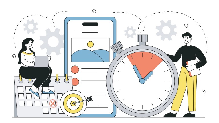 Two people interacting with a calendar, a stopwatch, and a list of goals.