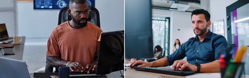 Split image with data scientist on the left and data engineer on the right.