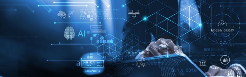 Concept of businessman using digital table to review AI technology to increase business productivity.