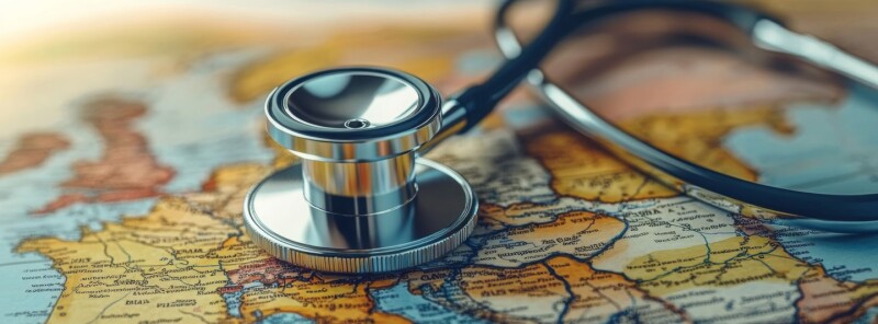 stethoscope laying on a world map
