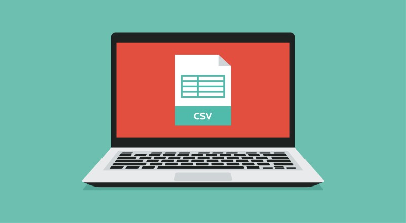 A CSV file displayed on a laptop