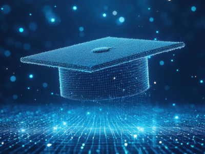 Digital graduation cap floating in the center of a glowing grid.