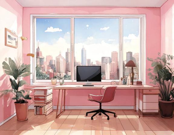 An office with a view of a city.