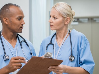 Two nurses discussing patient care; the head nurse is giving guidance