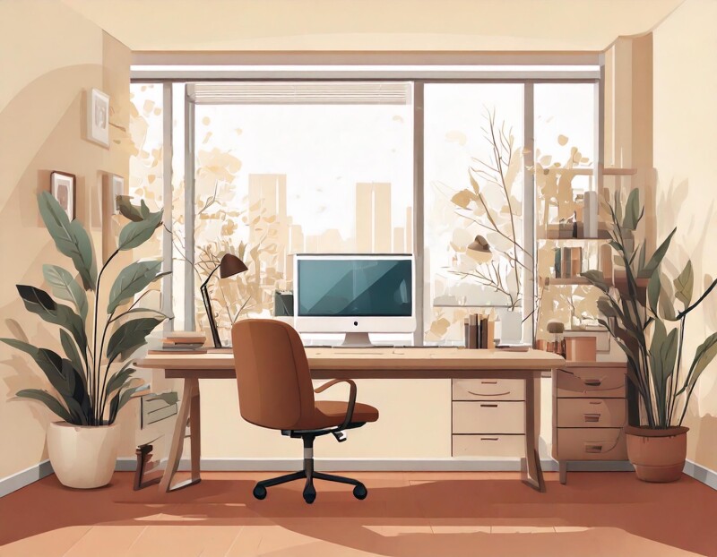 An office with a desk and computer.